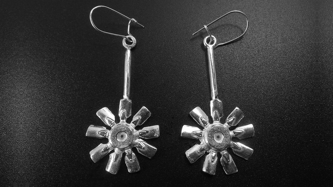 ENGINE FAN STERLING SILVER (92.5) EAR RINGS ON ROUND WIRE ROD (92.5) W/ EAR WIRES image 0