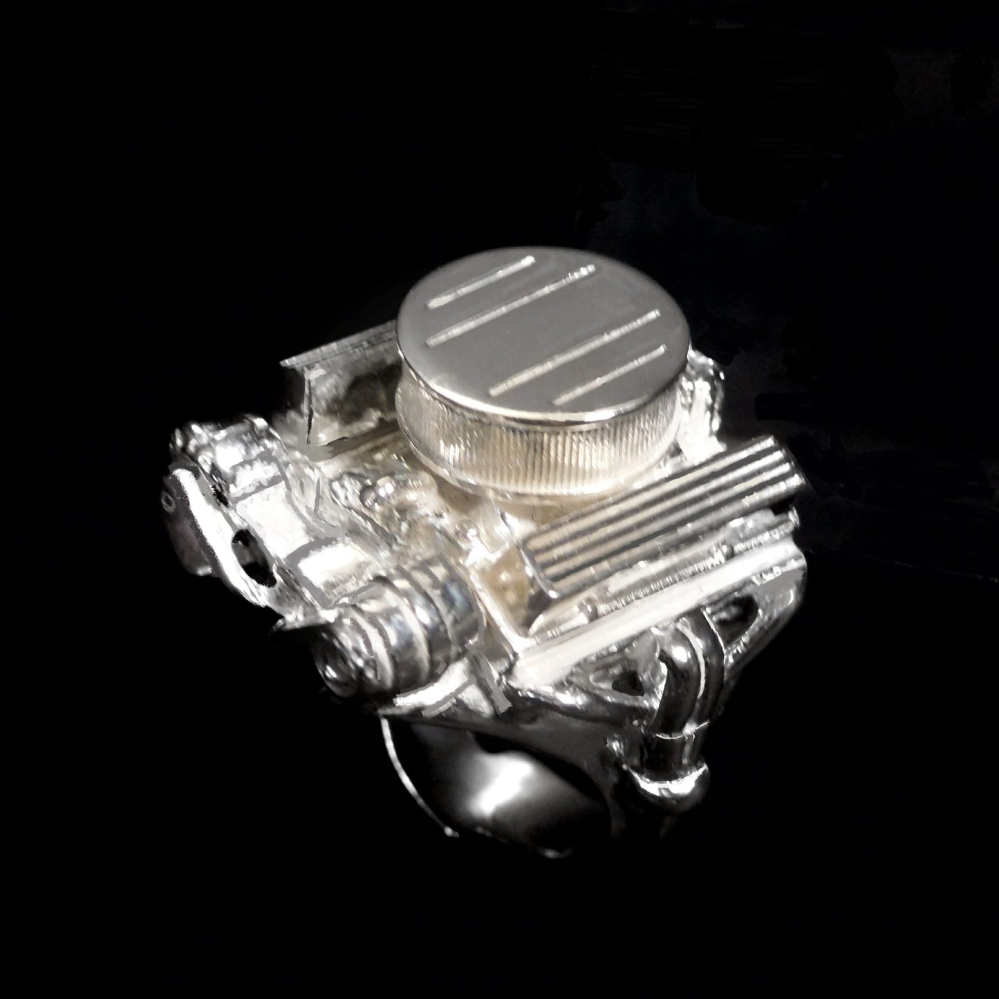 CHEVY 327 ENGINE RING W/ AIR CLEANER, ALTERNATOR & AIR CONDITIONER PUMP STERLING SILVER (92.5) image 2