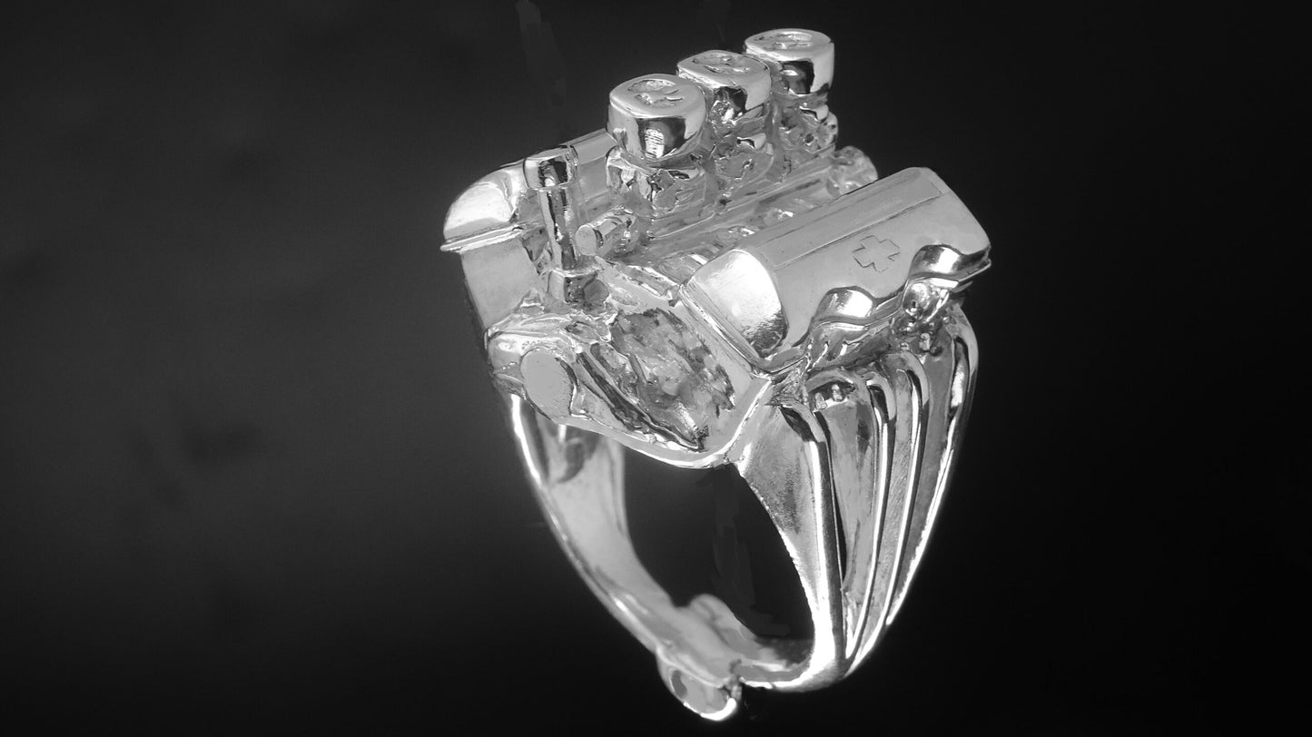 CHEVY 409 W/THREE TWO BARREL CARBURETORS W/AIR CLEANERS-STERLING SILVER ENGINE RING image 3