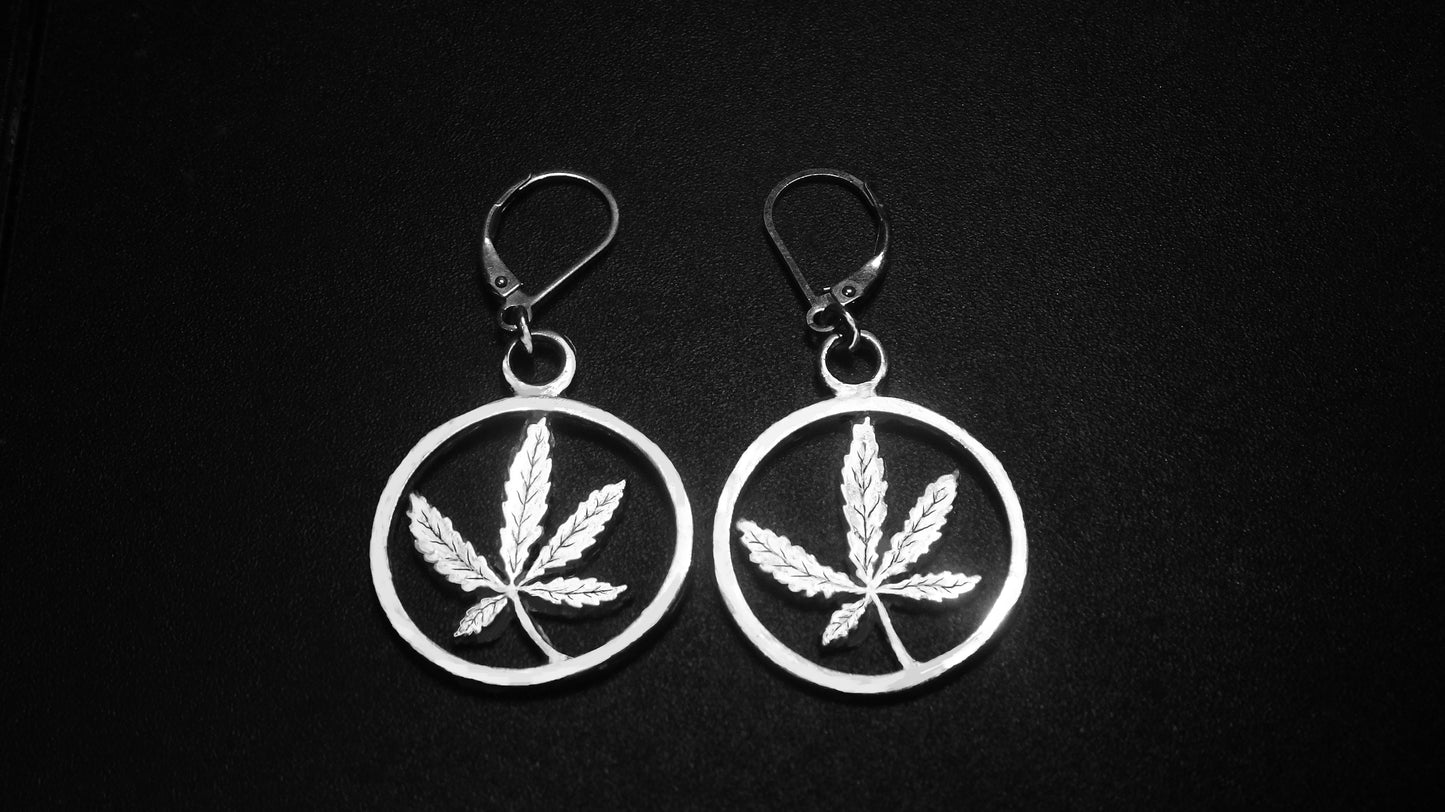 STERLING SILVER CANNABIS LEAF LEVER-BACK EAR RINGS