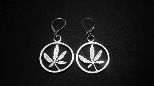 STERLING SILVER CANNABIS LEAF LEVER-BACK EAR RINGS