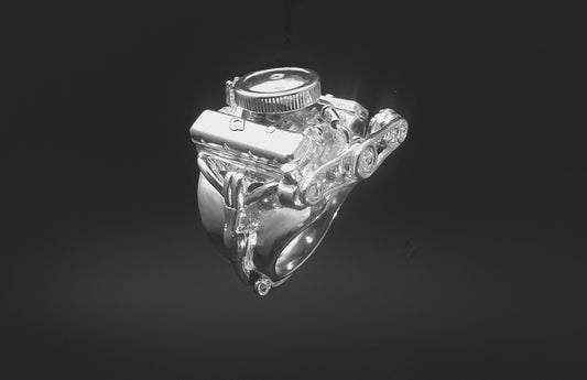 CHEVY 396 BIG BLOCK W/AIR CLEANER, ALTERNATOR & POWER STEERING PUMP STERLING SILVER ENGINE RING image 0