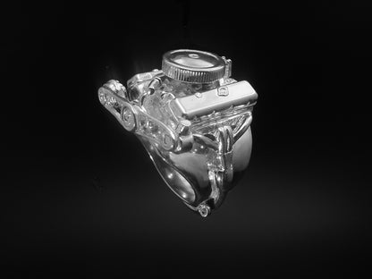 CHEVY 396 BIG BLOCK W/AIR CLEANER, ALTERNATOR & POWER STEERING PUMP STERLING SILVER ENGINE RING image 1
