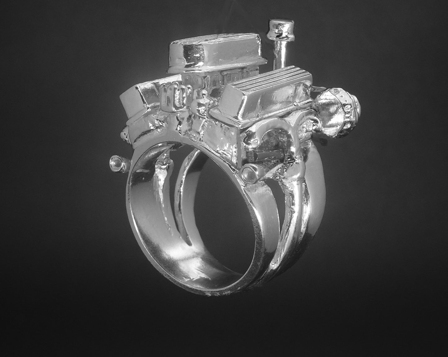 CHEVY 327 FINNED VALVE COVERS & AIR CLEANER - STERLING SILVER ENGINE RING image 2