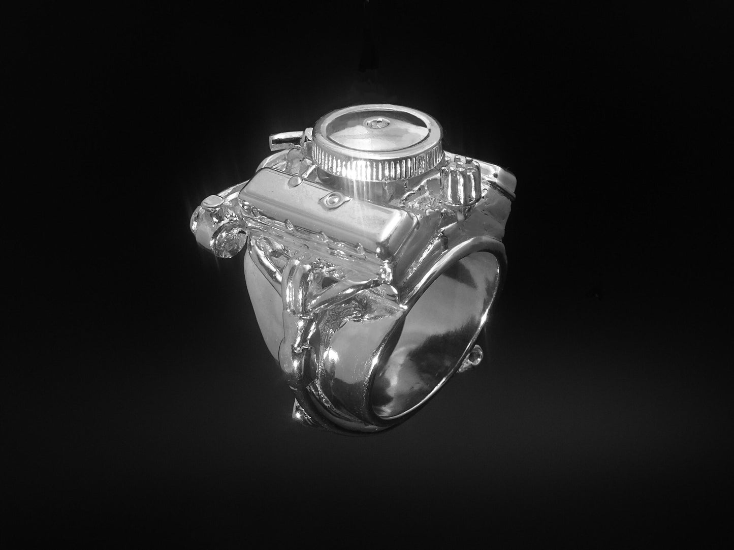 CHEVY 396 BIG BLOCK W/AIR CLEANER, ALTERNATOR & POWER STEERING PUMP STERLING SILVER ENGINE RING image 2