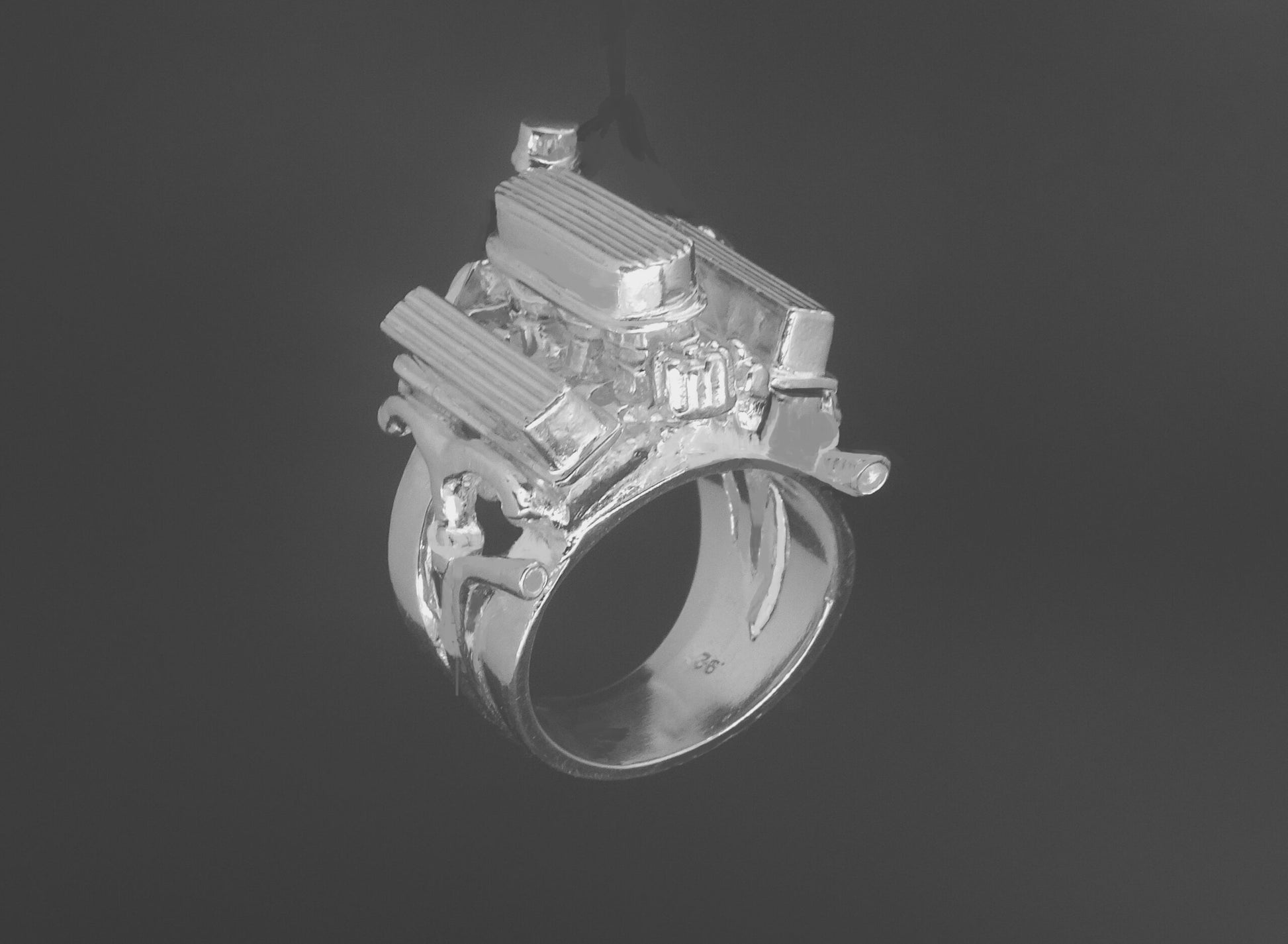 CHEVY 327 FINNED VALVE COVERS & AIR CLEANER - STERLING SILVER ENGINE RING image 1