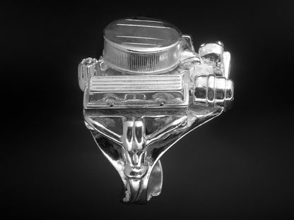 CHEVY 327 ENGINE RING W/ AIR CLEANER, ALTERNATOR & AIR CONDITIONER PUMP STERLING SILVER (92.5) image 1