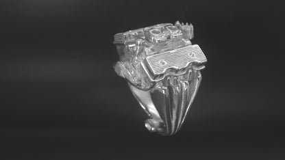 CHEVY 409 TWO IN-LINE 4 BARREL CARBURETOR-STERLING SILVER ENGINE RING image 1