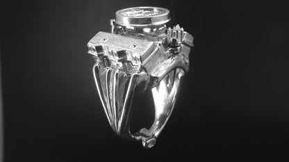 CHEVY 409 TWO IN-LINE 4 BARREL CARBURETOR-STERLING SILVER ENGINE RING image 0
