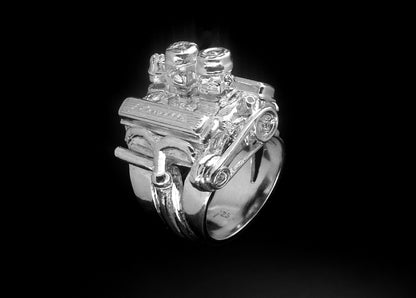 CHEVY 283 2-2'S W/ AIR CLEANERS STERLING SILVER - ENGINE RING image 0