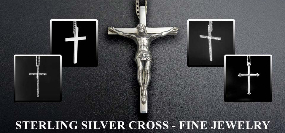 Silver crucifix pendant with four smaller crosses on a dark background, promoting sterling silver cross jewelry.