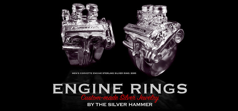 Two silver engine rings on a black background with promotional text.