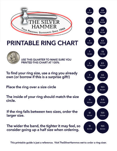 Ring size chart with The Silver Hammer logo and instructions on how to use it.